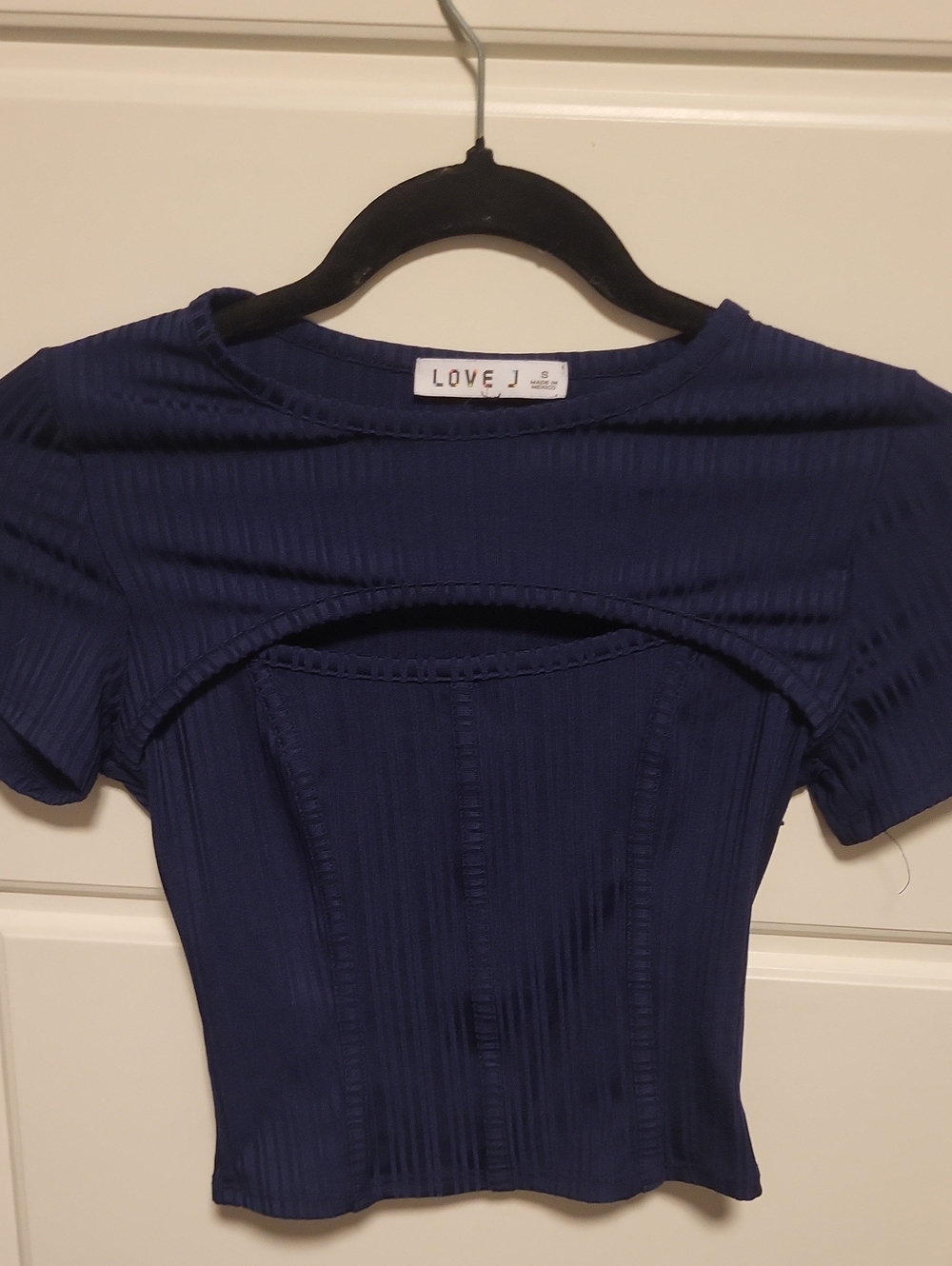 LOVE J Navy Ribbed Short Sleeve Cutout Crop Top